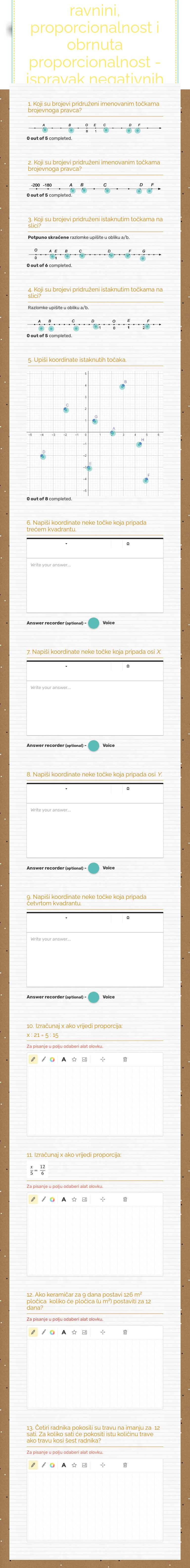 Koordinatni sustav u ravnini, proporcionalnost i obrnuta proporcionalnost  - ispravak negativnih ocjena worksheet preview image