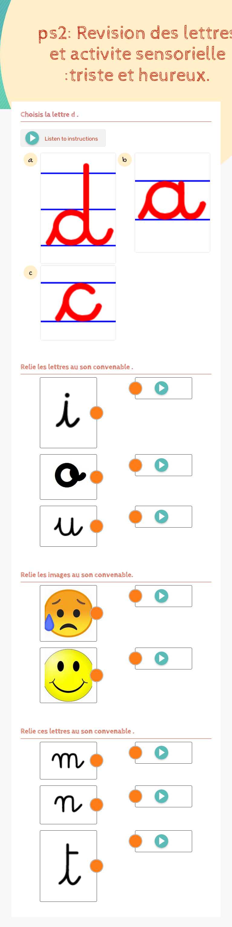 ps2: Revision des lettres et activite sensorielle :triste et heureux. Preschool worksheet preview