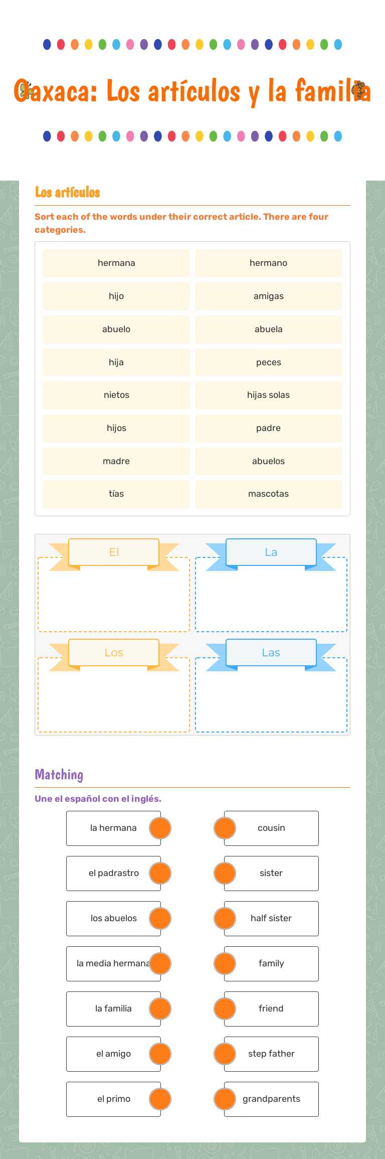 Oaxaca: Los artículos y la familia worksheet preview image