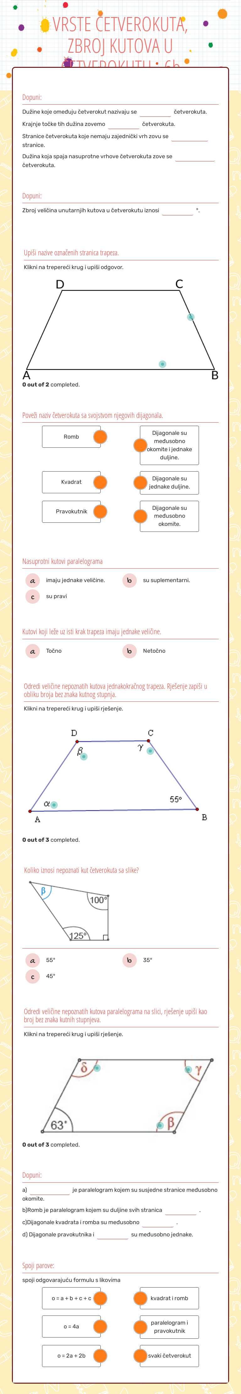 VRSTE ČETVEROKUTA, ZBROJ KUTOVA U ČETVEROKUTU - 6b worksheet preview image