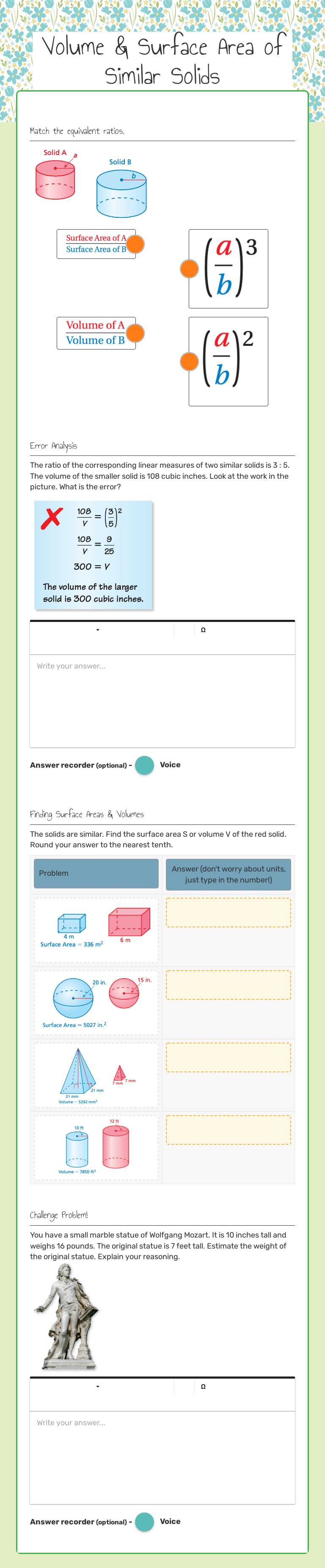 Volume & Surface Area of Similar Solids worksheet preview image