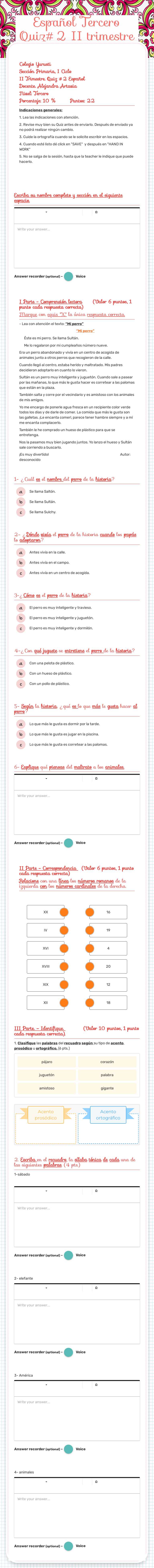 Español Tercero  
          Quiz#2                 II trimestre worksheet preview image