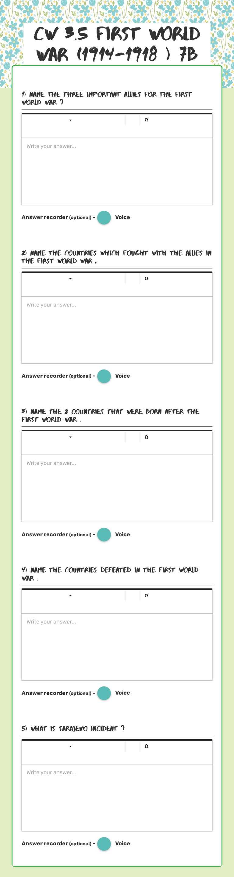 CW 3.5 First World War (1914-1918 ) 7B worksheet preview image
