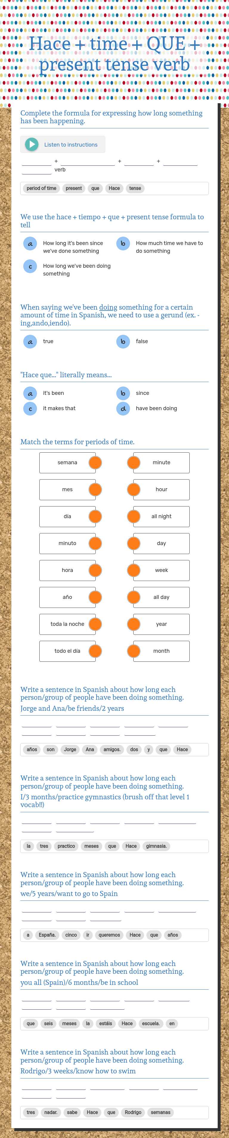 Hace + time + QUE + present tense verb worksheet preview image