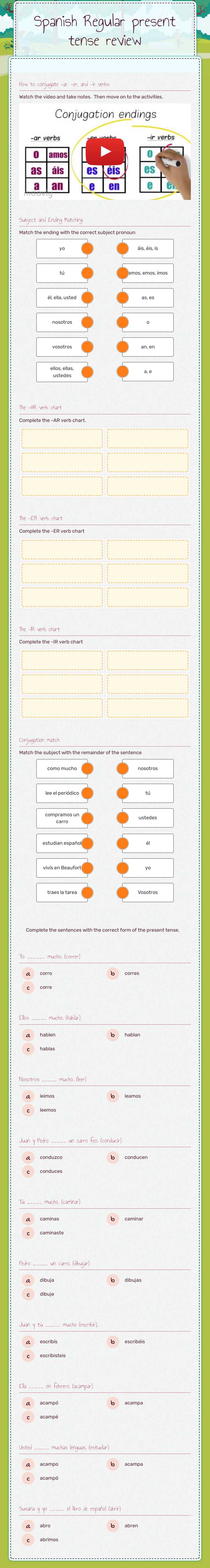 Spanish Regular present tense review Grade 9 worksheet preview