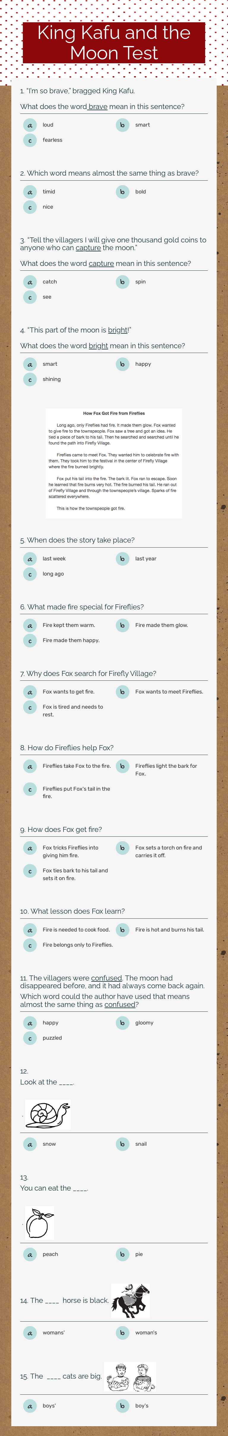 King Kafu and the Moon Test worksheet preview image