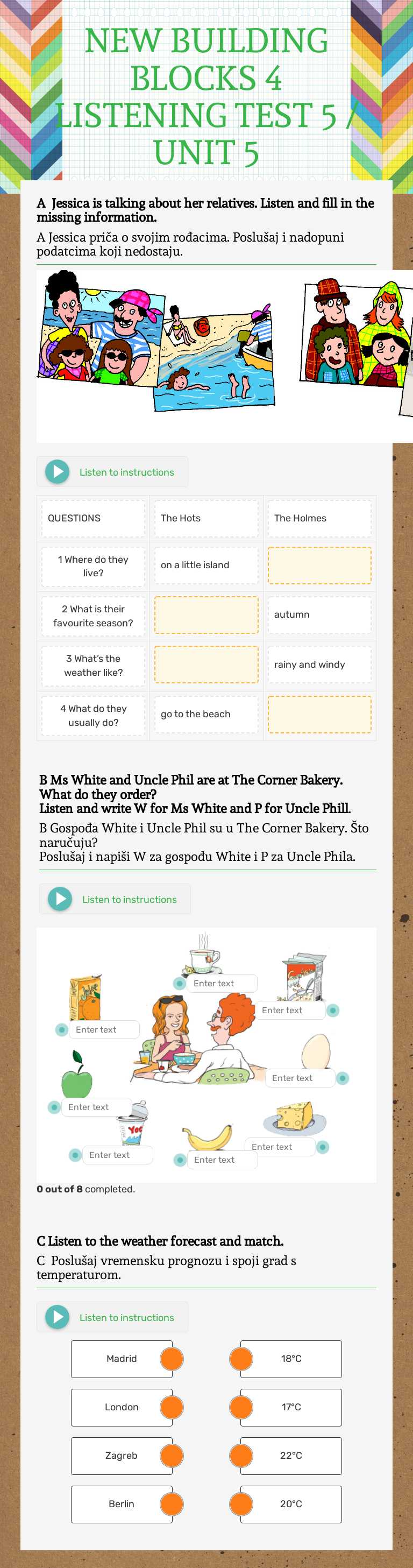 NEW BUILDING BLOCKS 4
LISTENING TEST 5 / UNIT 5 Grade 4 worksheet preview