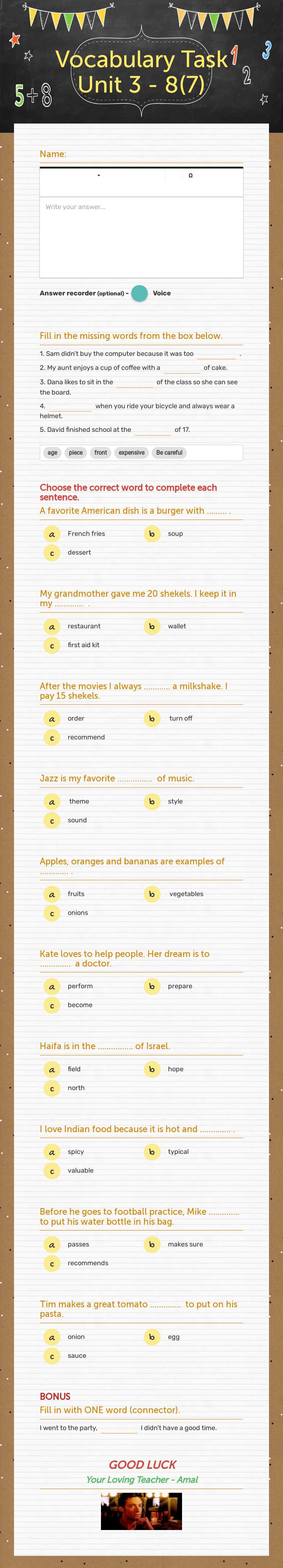 Vocabulary Task  Unit 3 - 8(7) worksheet preview image