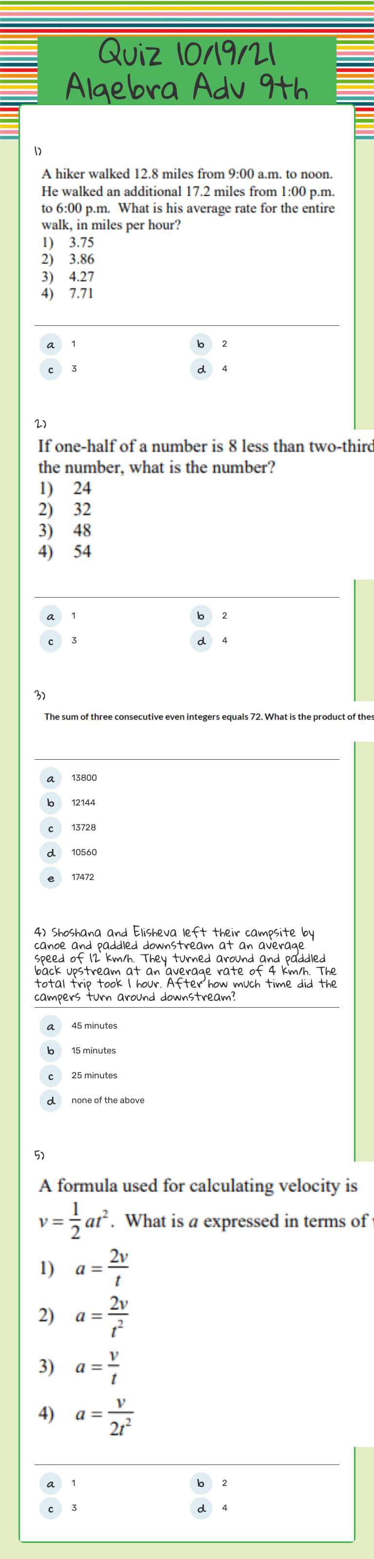 Quiz 10/19/21 Algebra Adv 9th worksheet preview image