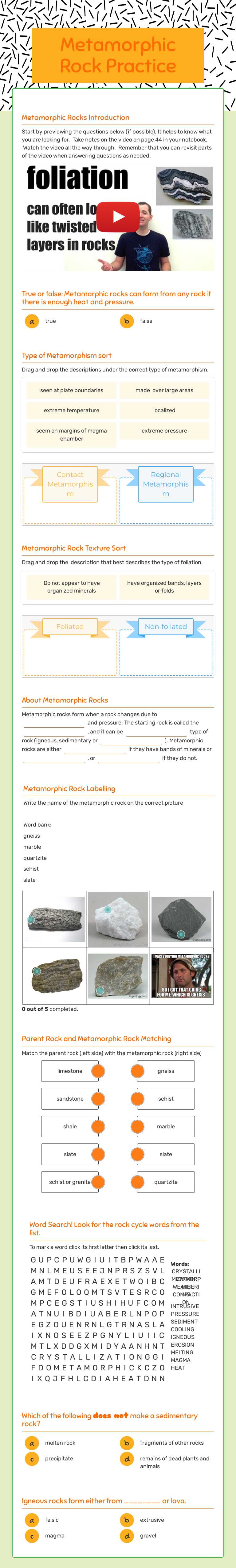 Metamorphic Rock Practice worksheet preview image