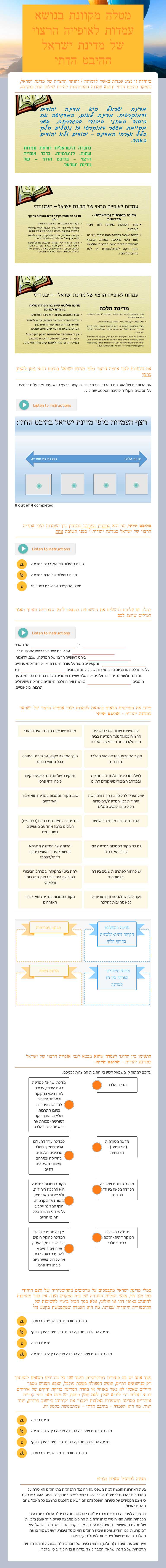מטלה מקוונת בנושא עמדות לאופייה הרצוי של מדינת ישראל  ההיבט הדתי Grade 12 worksheet preview