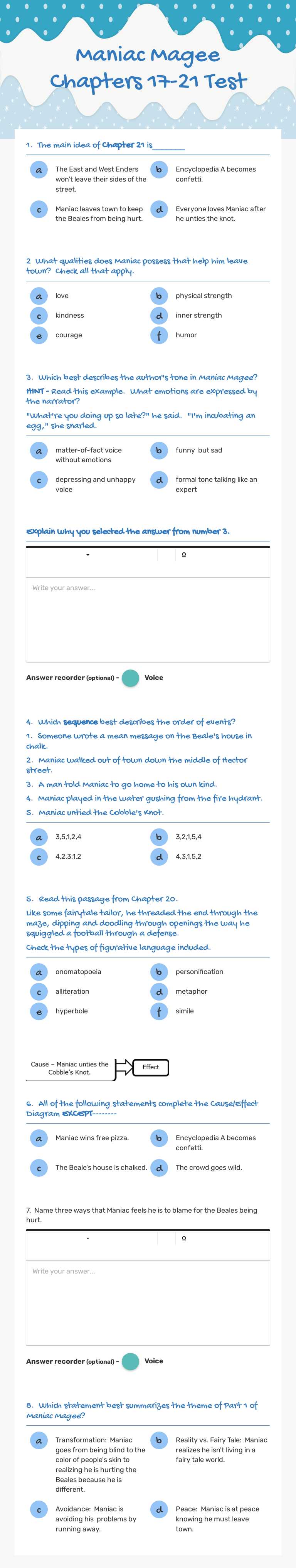 Maniac Magee 
          Chapters 17-21 Test worksheet preview image