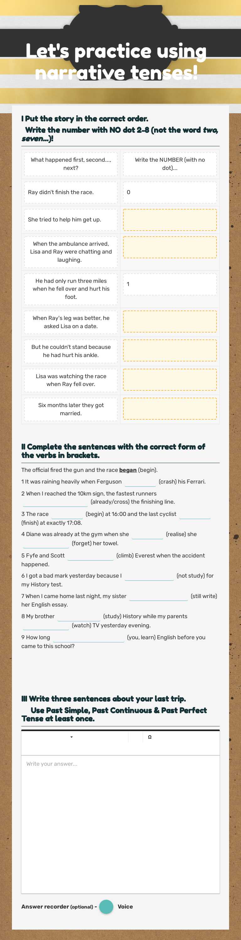 Let's practice using narrative tenses! worksheet preview image