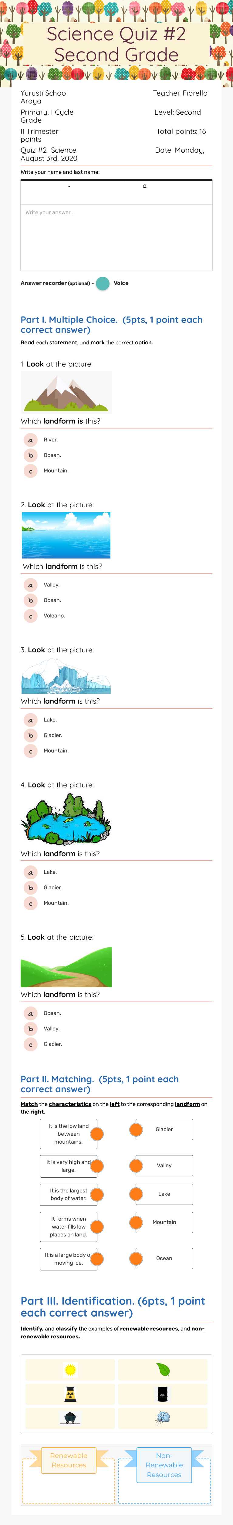 Science Quiz #2   Second Grade Grade 2 worksheet preview
