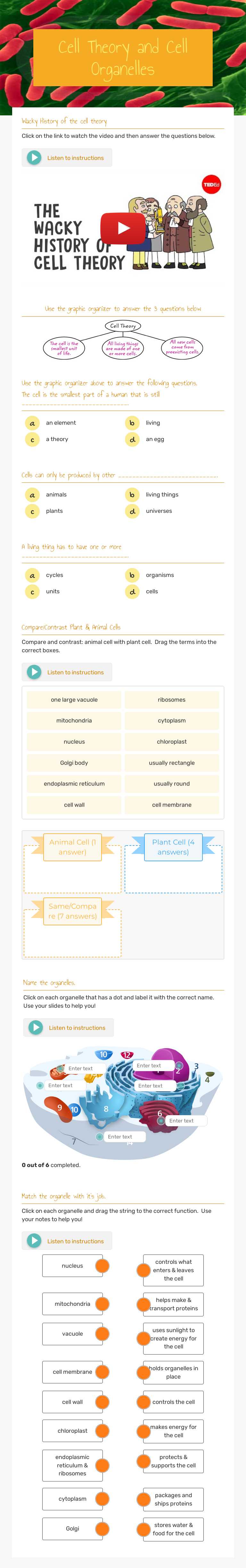 Cell Theory and Cell Organelles Grade 6 worksheet preview