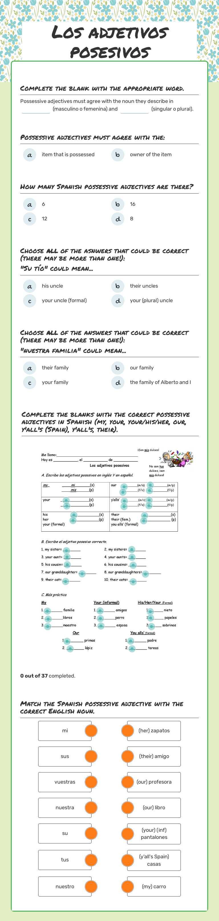 Los adjetivos posesivos Grade 10 worksheet preview