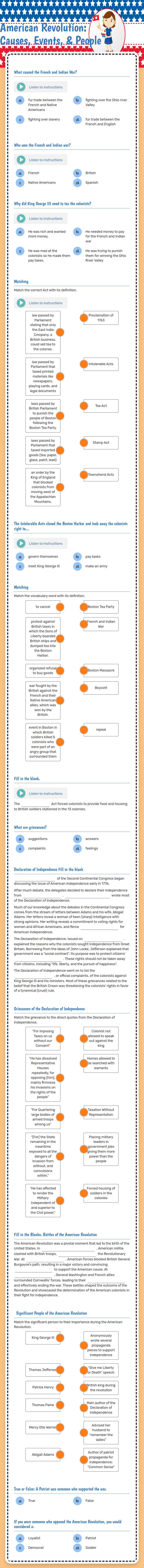 American Revolution:      Causes, Events, & People worksheet preview image
