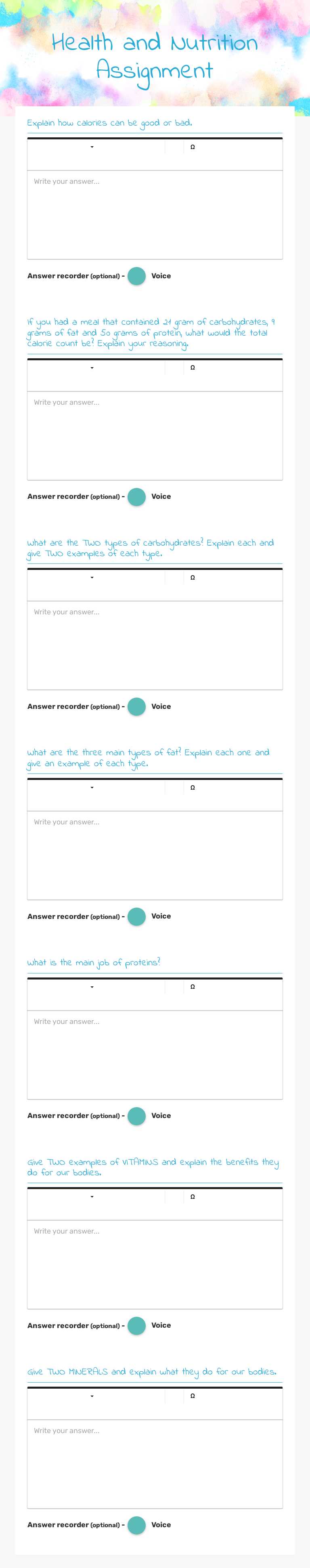 Health and Nutrition Assignment worksheet preview image