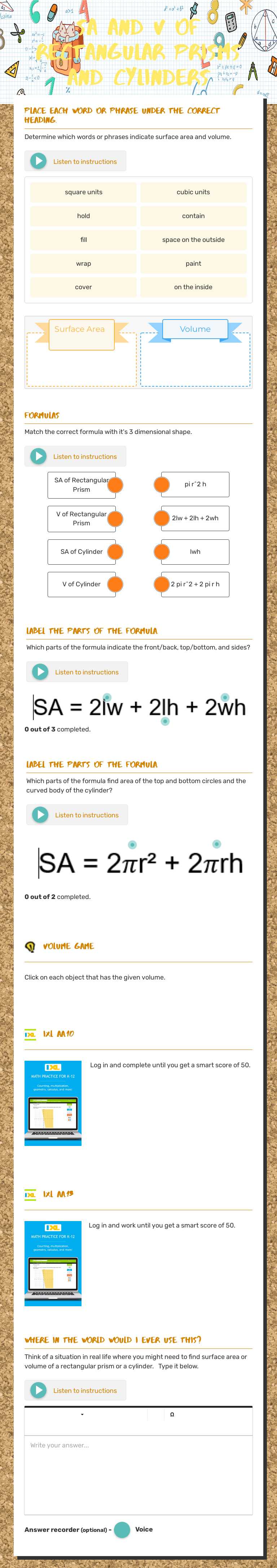 SA and V of Rectangular prisms and cylinders worksheet preview image
