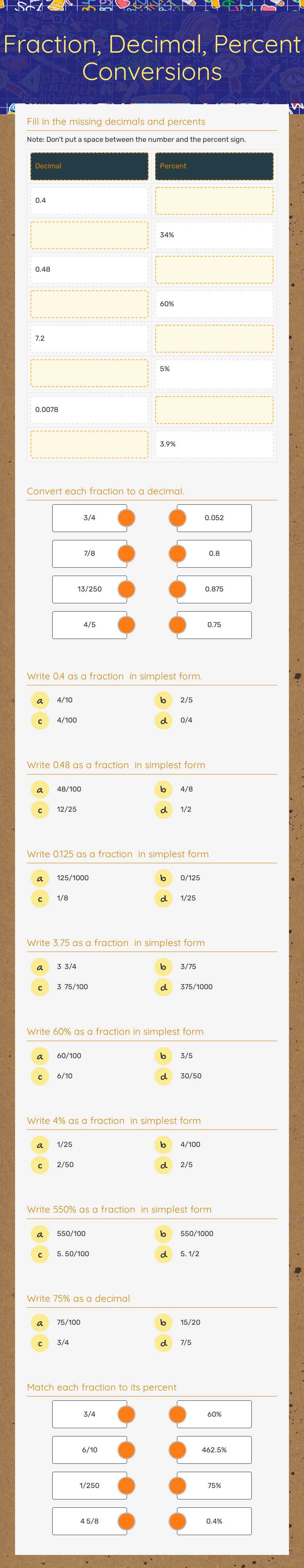Fraction, Decimal, Percent Conversions worksheet preview image