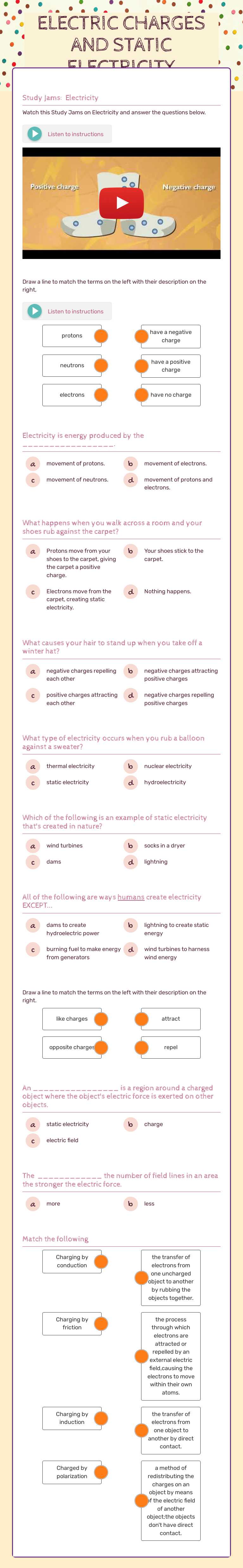 ELECTRIC CHARGES AND STATIC ELECTRICITY worksheet preview image