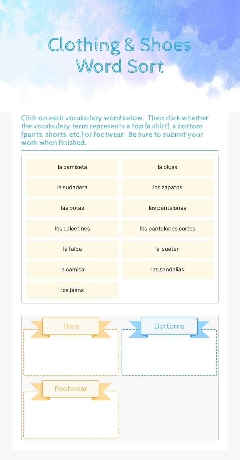Clothing & Shoes Word Sort worksheet preview image