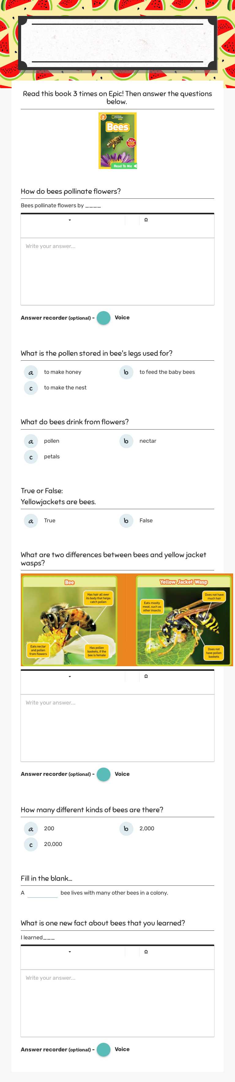 Bees worksheet preview image