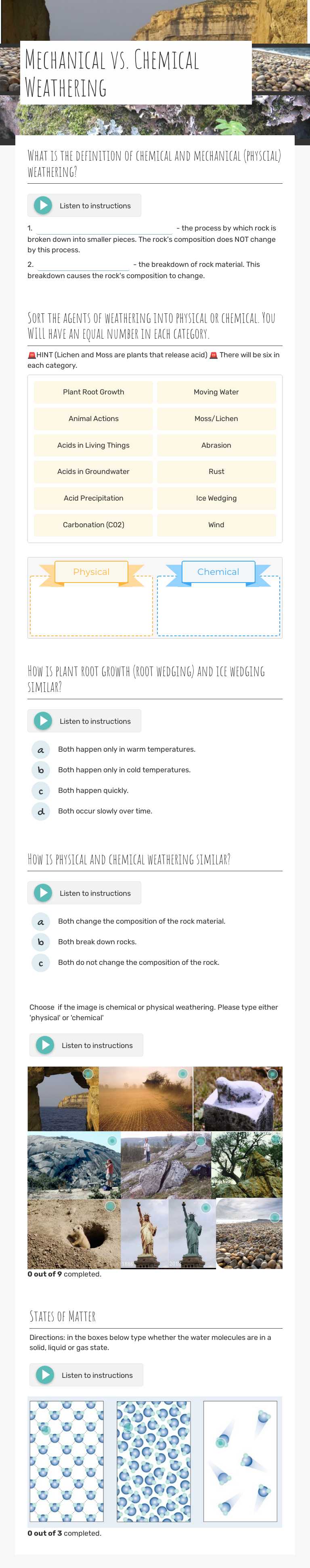 Mechanical vs. Chemical Weathering worksheet preview image
