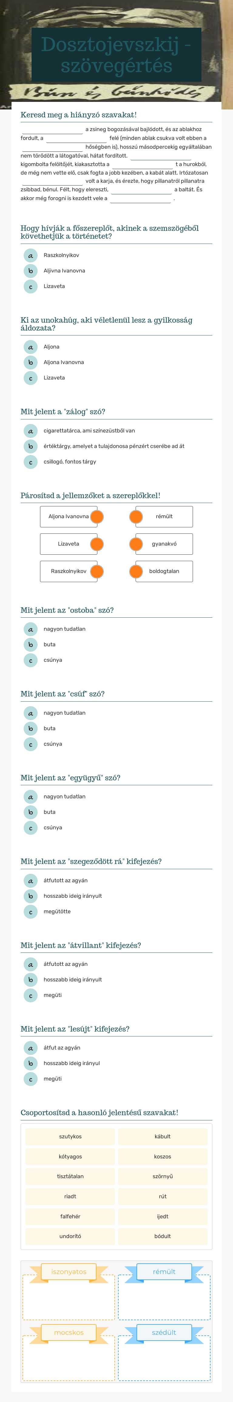 Dosztojevszkij - szövegértés worksheet preview image