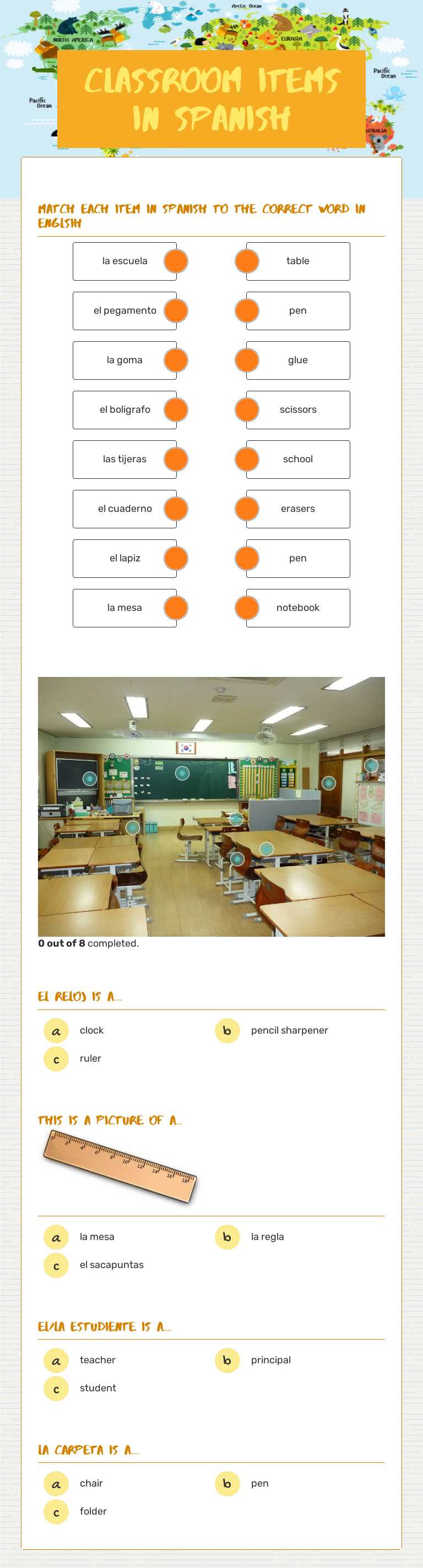 Classroom items in spanish worksheet preview image
