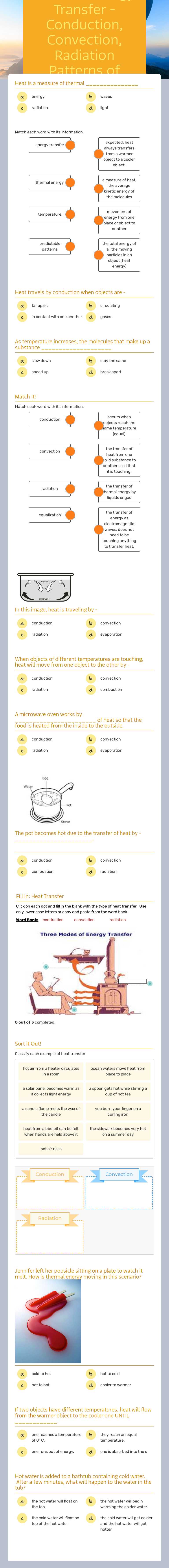 Thermal Energy  Transfer - Conduction, Convection, Radiation Patterns of Thermal Energy Grade 6 worksheet preview