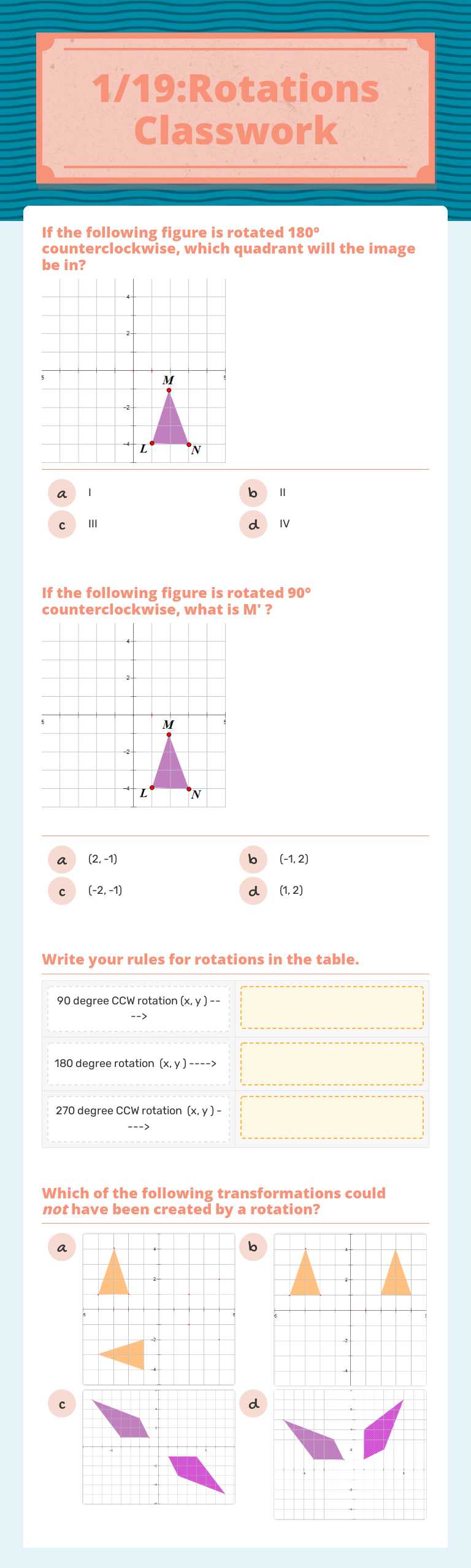 1/19:Rotations Classwork worksheet preview image