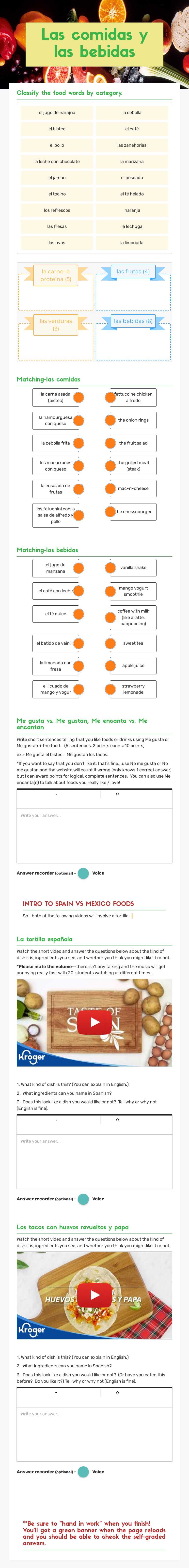 Las comidas y las bebidas worksheet preview image