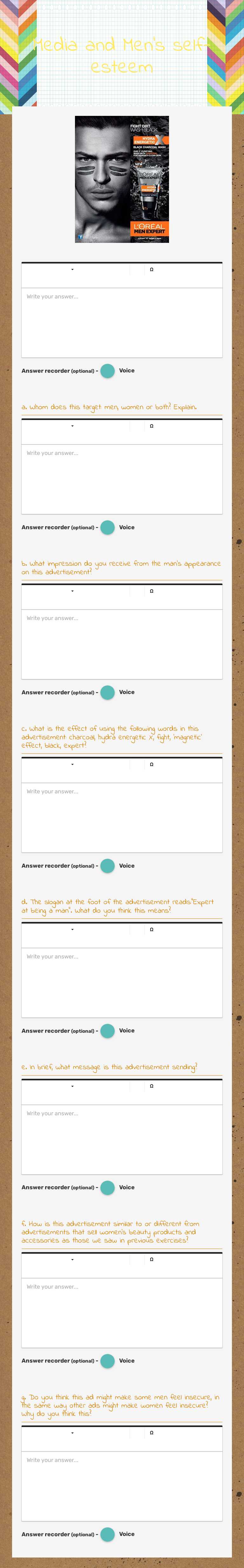 Media and Men's self-esteem worksheet preview image