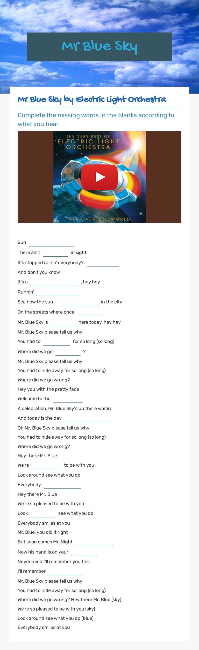 Mr Blue Sky worksheet preview image