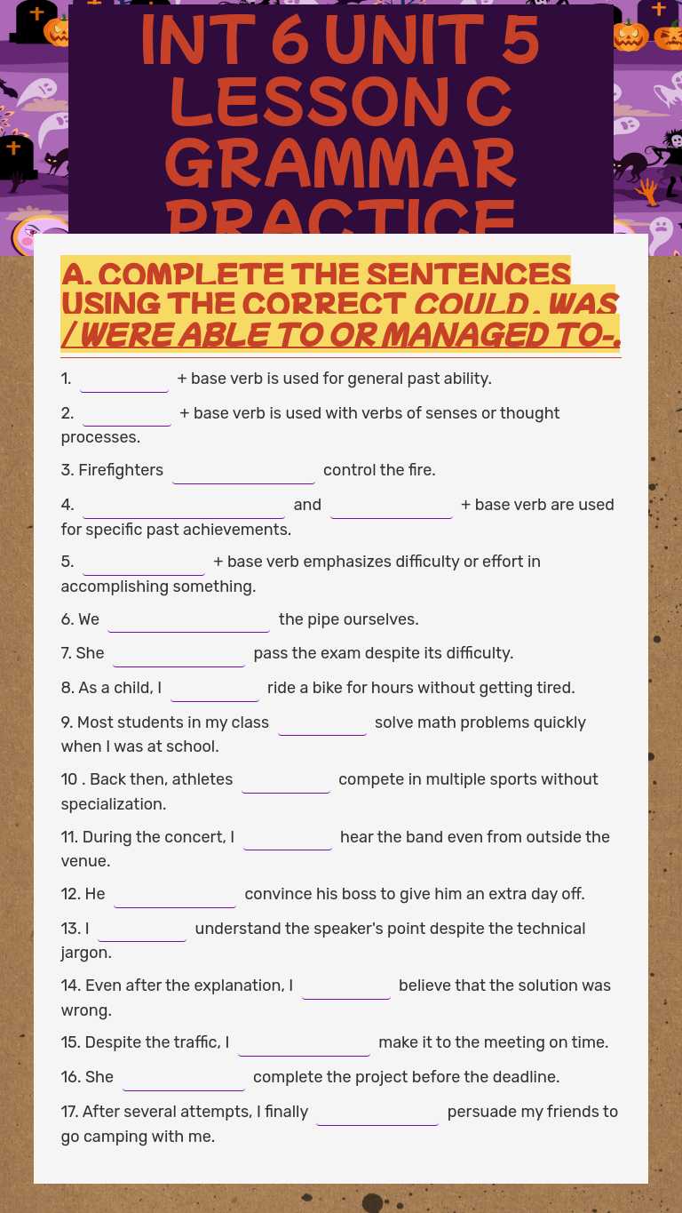 INT 6 UNIT 5 LESSON C GRAMMAR PRACTICE worksheet preview image