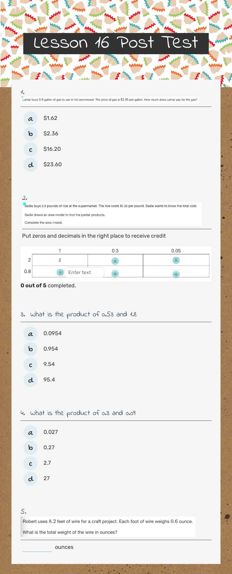 Lesson 16 Post Test worksheet preview image