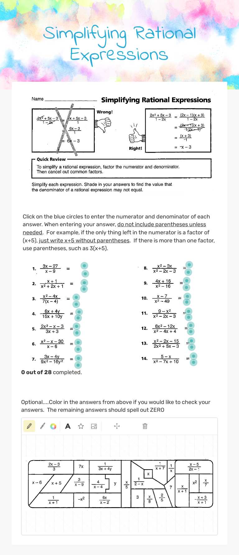 Simplifying Rational Expressions Grade 9 worksheet preview