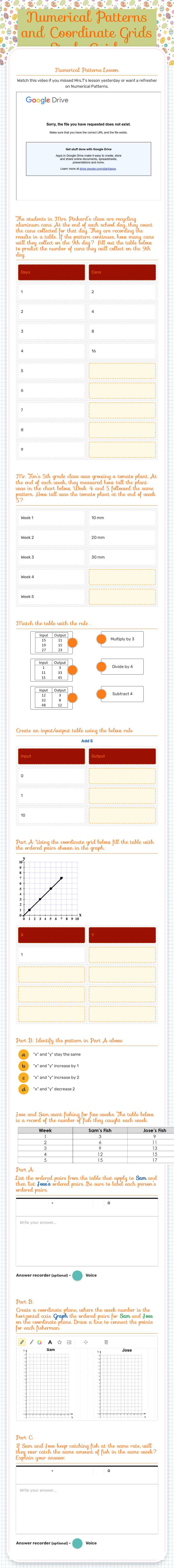 Numerical Patterns and Coordinate Grids Study Guide worksheet preview image