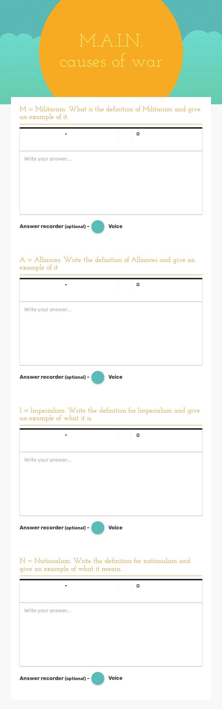 M.A.I.N. causes of war worksheet preview image