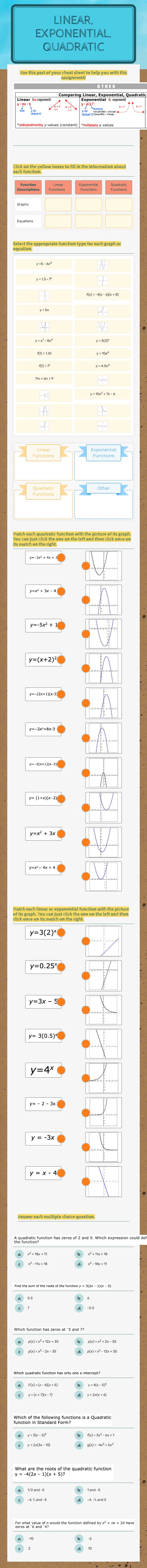 linear, exponential, quadratic worksheet preview image