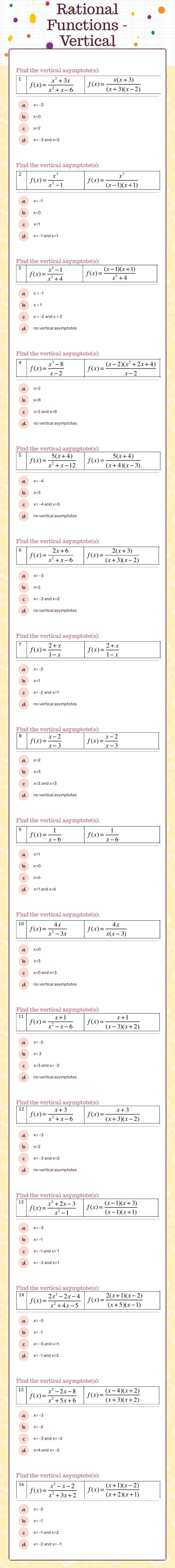 Rational Functions - Vertical Asymptotes worksheet preview image