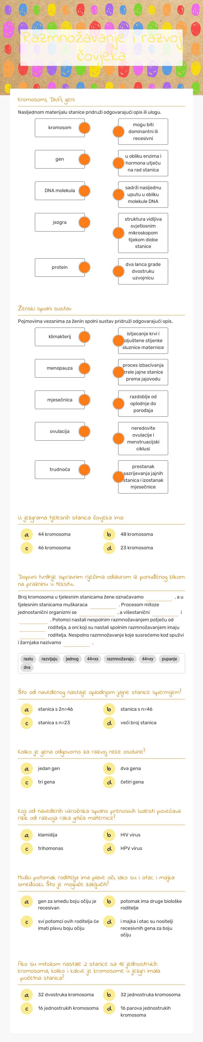 Razmnožavanje i razvoj čovjeka Grade 8 worksheet preview