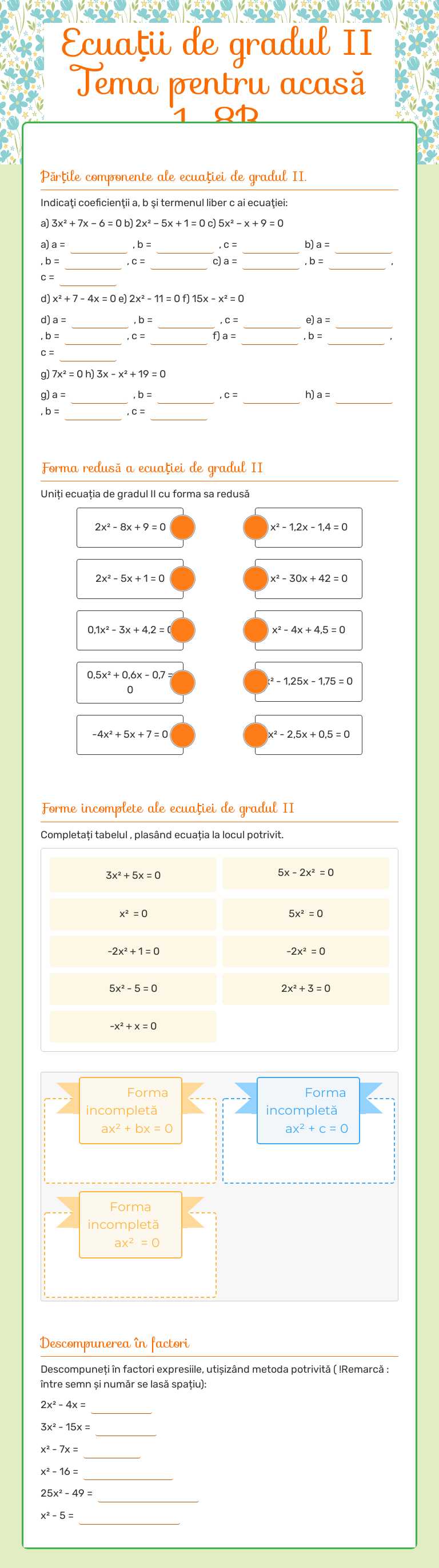 Ecuații de gradul II         
   Tema pentru acasă 1_8B worksheet preview image