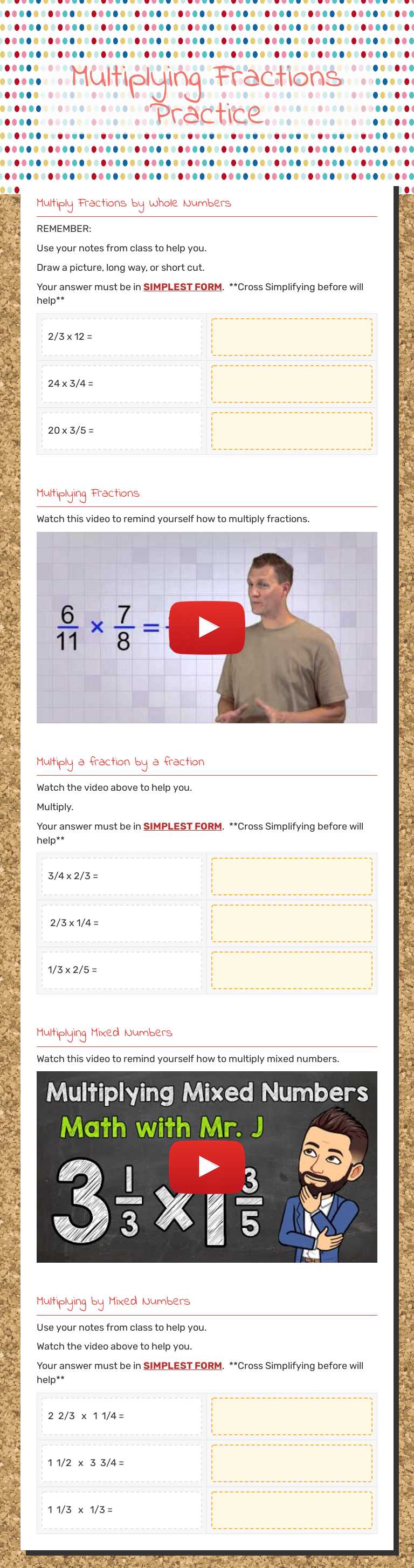 Multiplying Fractions Practice worksheet preview