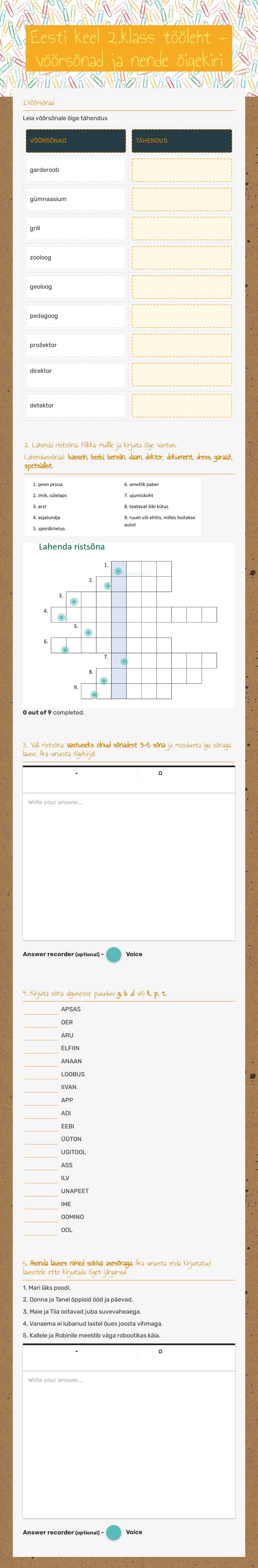 Eesti keel 2.klass tööleht - võõrsõnad ja nende õigekiri worksheet preview image