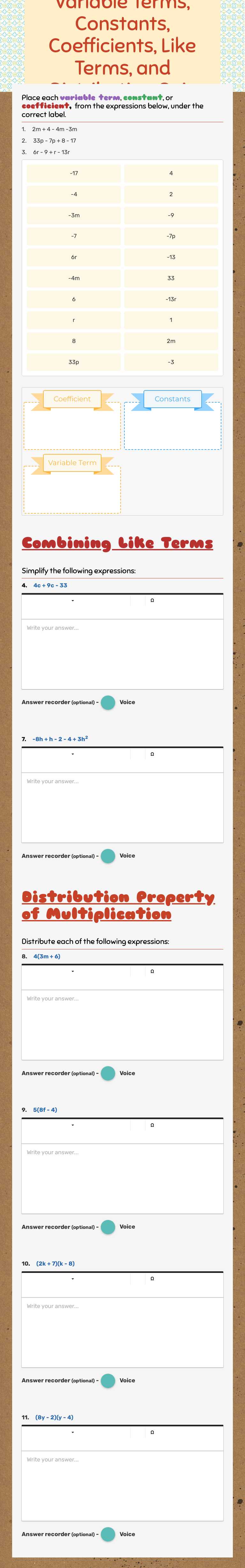 Variable Terms, Constants, Coefficients, Like Terms, and Distribution Quiz worksheet preview image