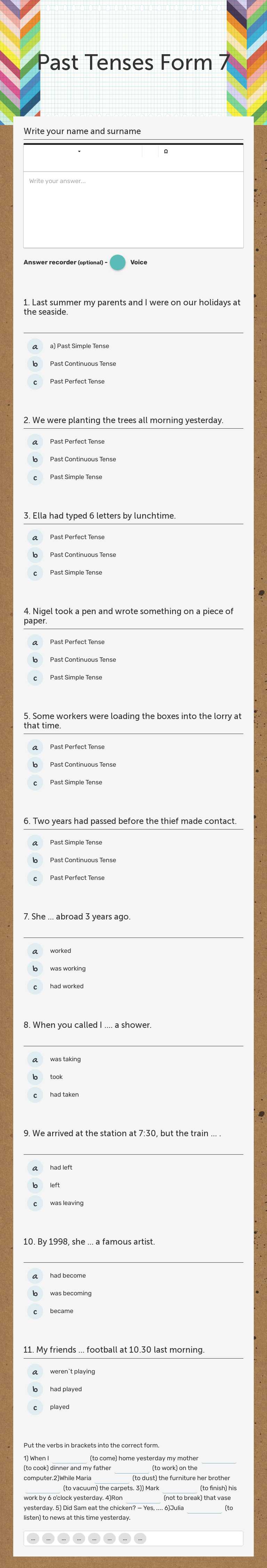 Past Tenses Form 7 worksheet preview image