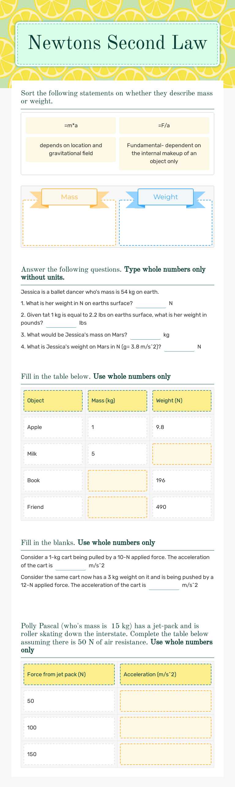 Newtons Second Law worksheet preview image