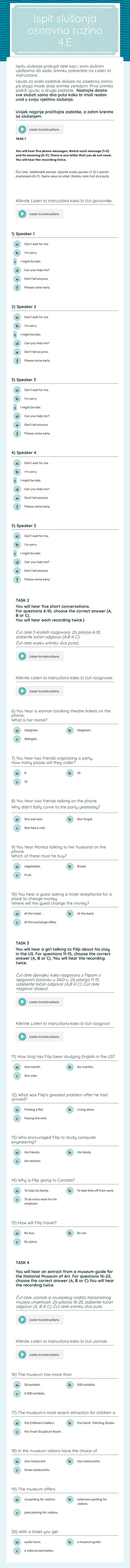 Ispit slušanja osnovna razina 4.E Other worksheet preview